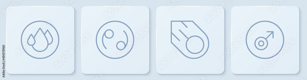 Set line Water drop, Comet, Cancer zodiac and Mars symbol. White square button. Vector