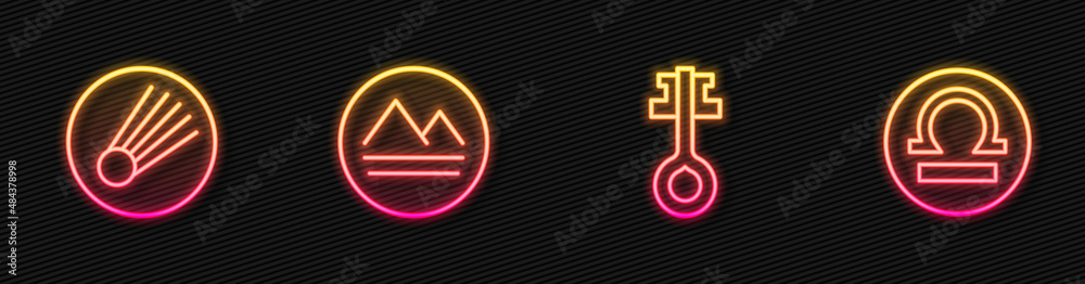 Set line Old magic key, Comet, Earth element and Libra zodiac. Glowing neon icon. Vector