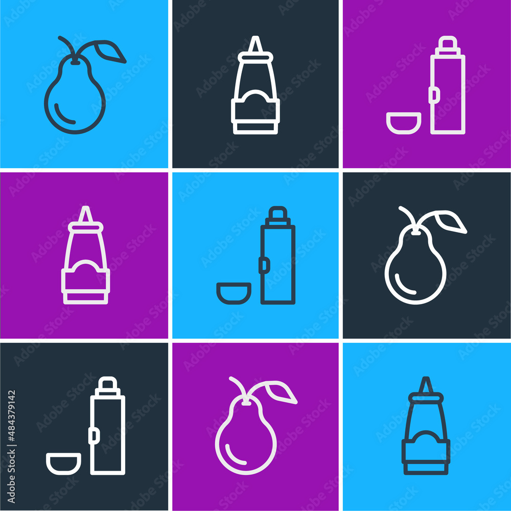 Set line Pear, Thermos container and Sauce bottle icon. Vector