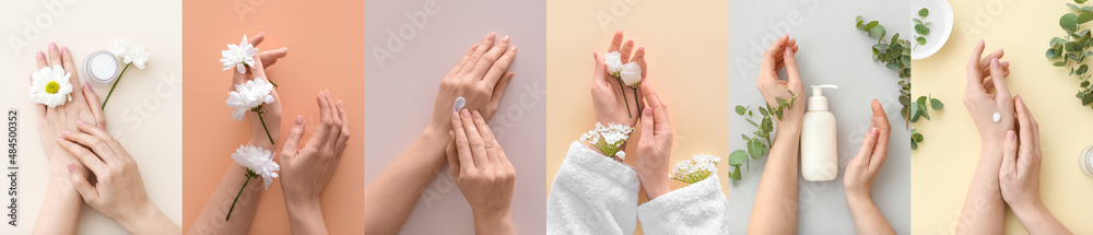 Female hands with cosmetic products and fresh flowers on color background