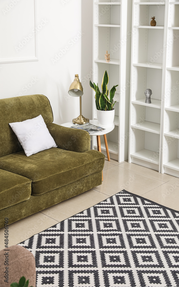 Interior of light living room with golden lamp, sofa and shelving unit