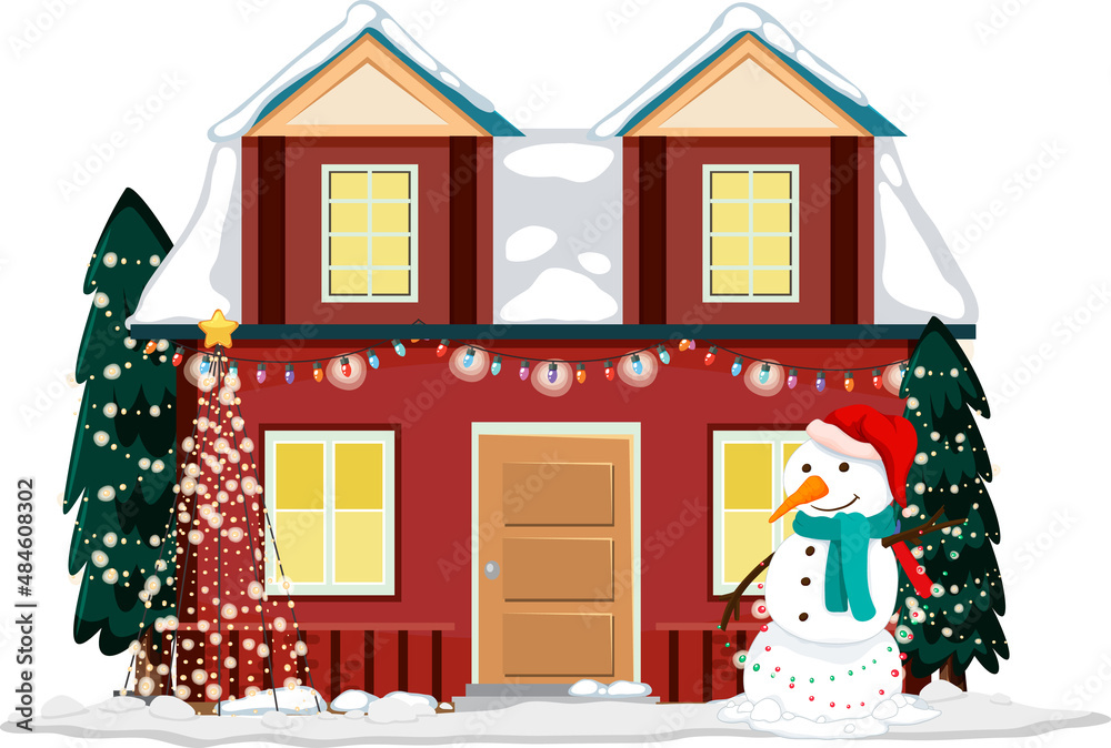 Snow covered house with Christmas light string and snowman