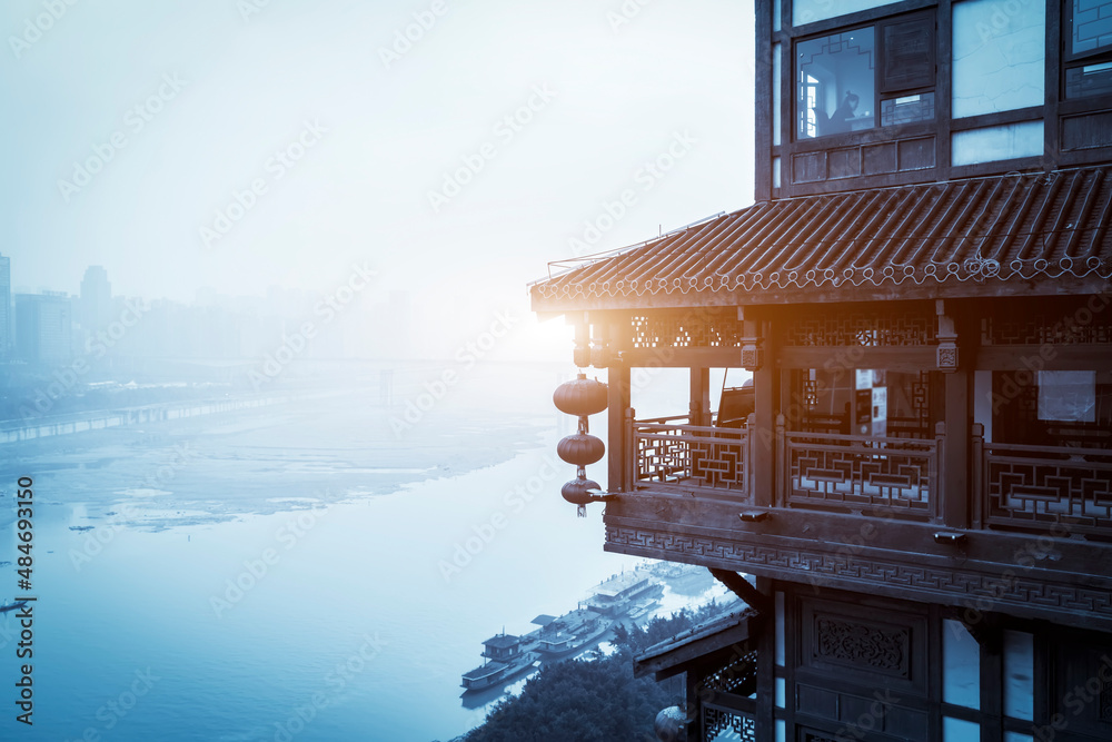 Partial close-up of Chinese-style buildings in Hongyadong, Chongqing