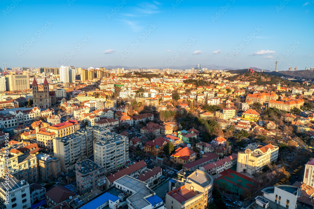 Aerial photography of Qingdao bay architectural landscape skyline