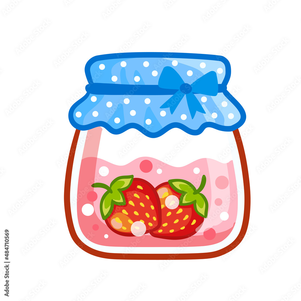 Glass jar with strawberry jam closed. Vector illustration with jam isolated in cartoon style.