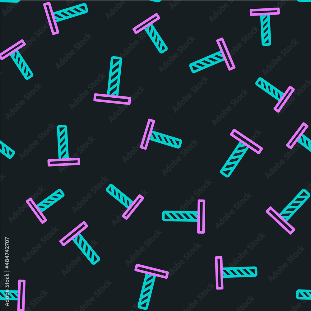 Line Cat scratching post with toy icon isolated seamless pattern on black background. Vector