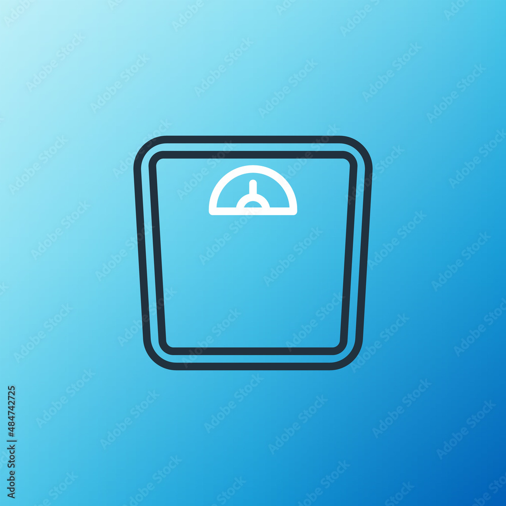 Line Bathroom scales icon isolated on blue background. Weight measure Equipment. Weight Scale fitnes