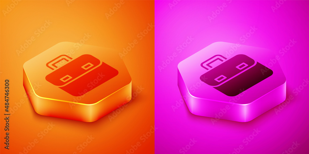 Isometric Briefcase icon isolated on orange and pink background. Business case sign. Business portfo