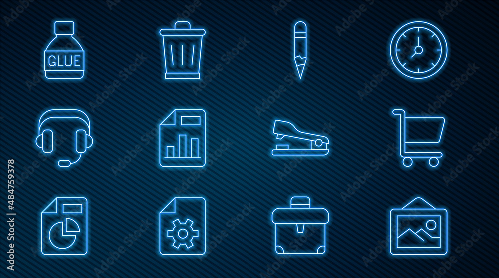 Set line Picture landscape, Shopping cart, Pencil, Document with graph chart, Headphones, Glue, Stap