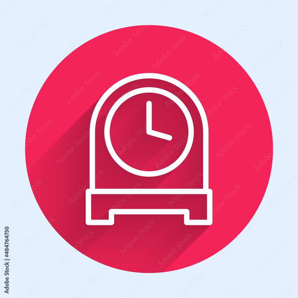 White line Antique clock icon isolated with long shadow background. Red circle button. Vector