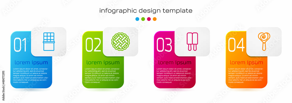 设置线巧克力棒，自制馅饼，冰淇淋和棒棒糖。商业信息图模板。矢量