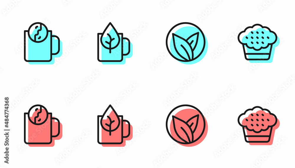 Set line Tea leaf, time, Cup of tea with and Muffin icon. Vector