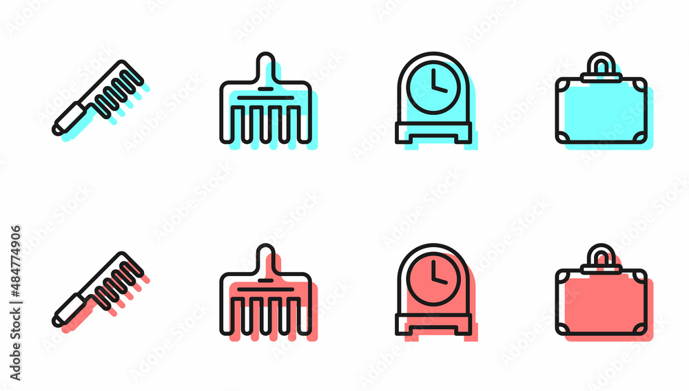 Set line Antique clock, Hairbrush, and Suitcase icon. Vector