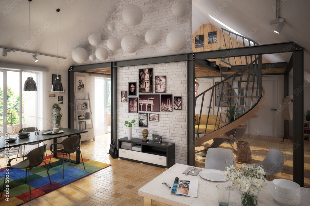 Attic Loft Conversion With Spiral Staircase & Decoration - 3d visualization