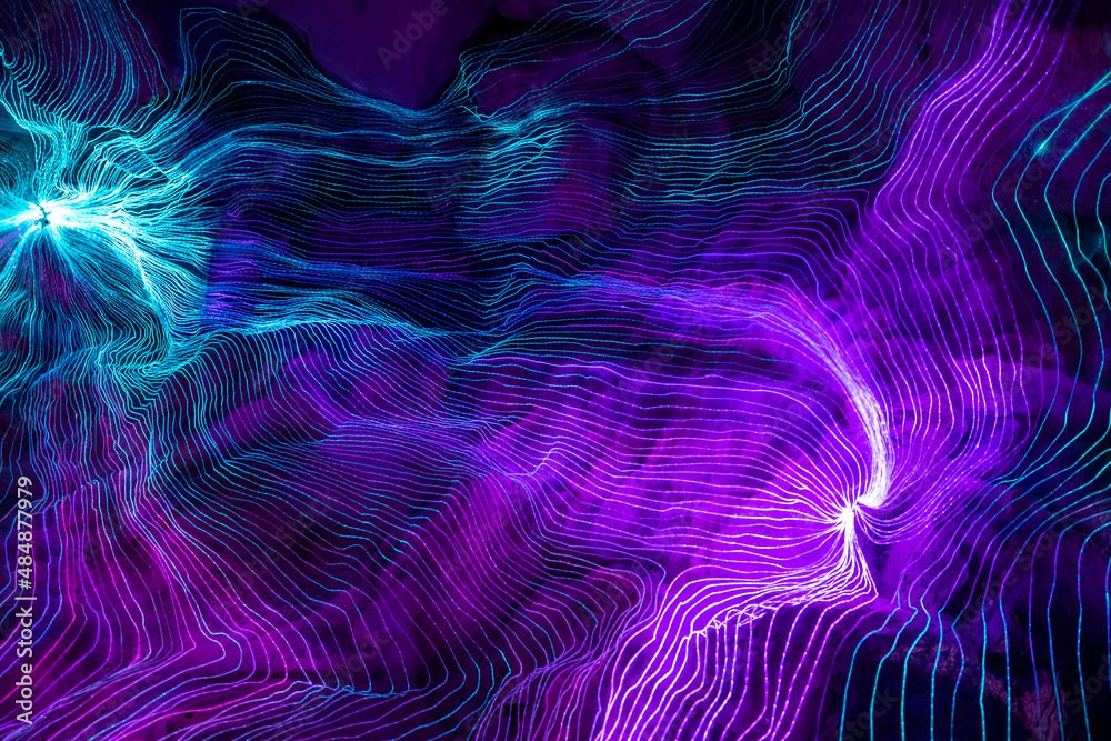 Abstract wave of digital weave lines connecting network dots and dark background . Modern 3D mesh pa