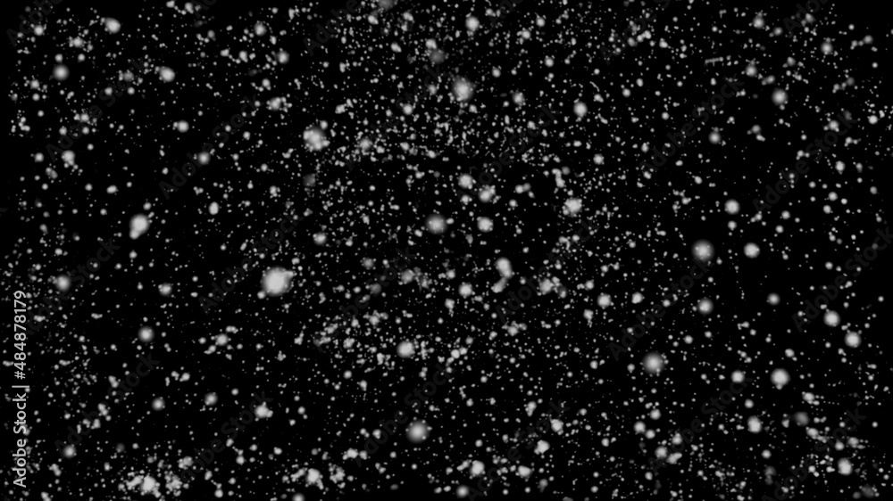 Falling snowflakes on night sky background, black background.