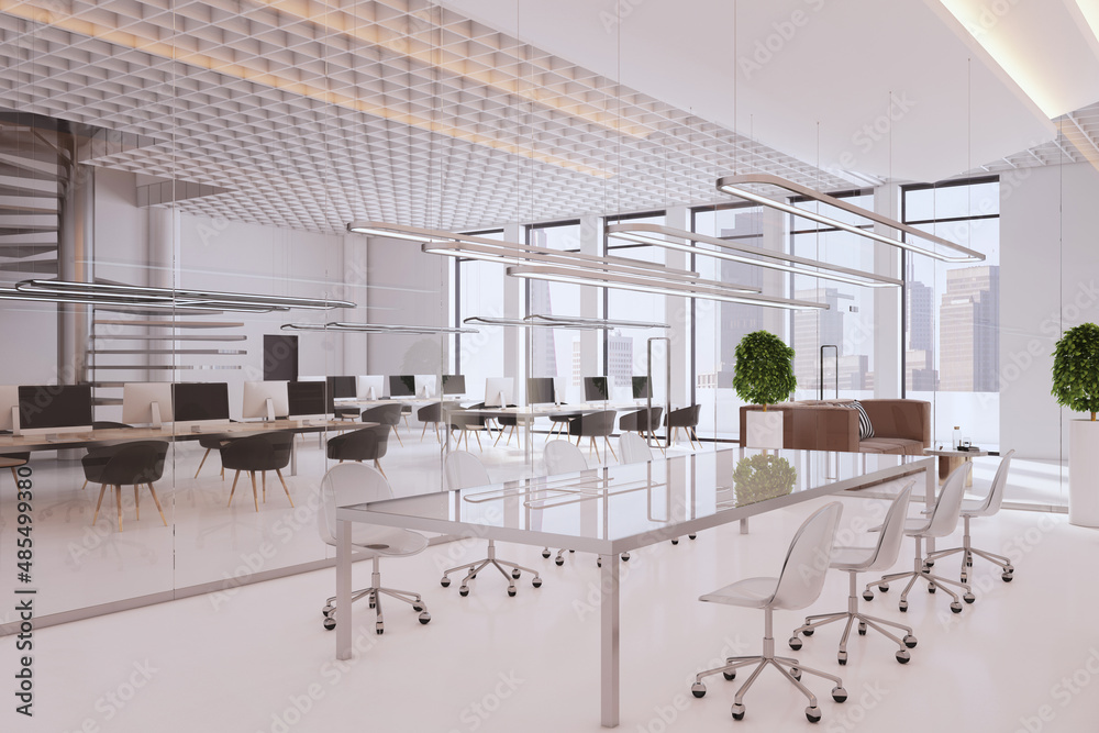 Minimalistic white concrete glass office interior with window and city view, daylight, coworking and