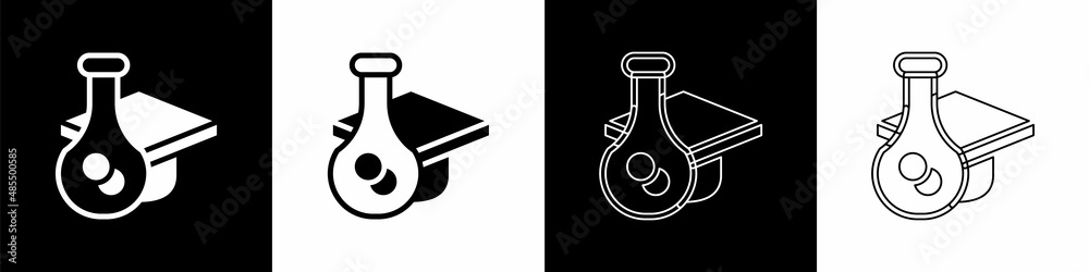 Set Graduation cap icon isolated on black and white background. Graduation hat with tassel icon. Vec