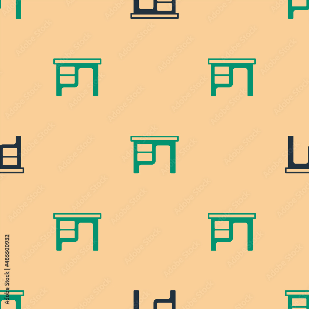 Green and black Office desk icon isolated seamless pattern on beige background. Vector