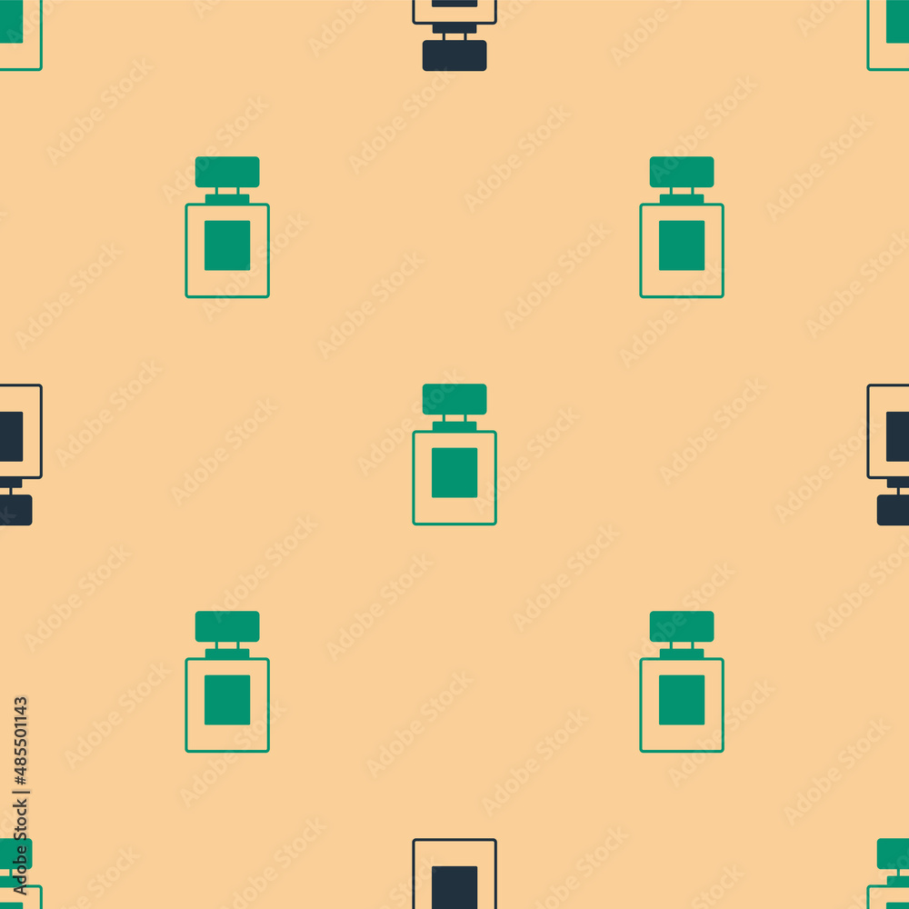 Green and black Perfume icon isolated seamless pattern on beige background. Vector