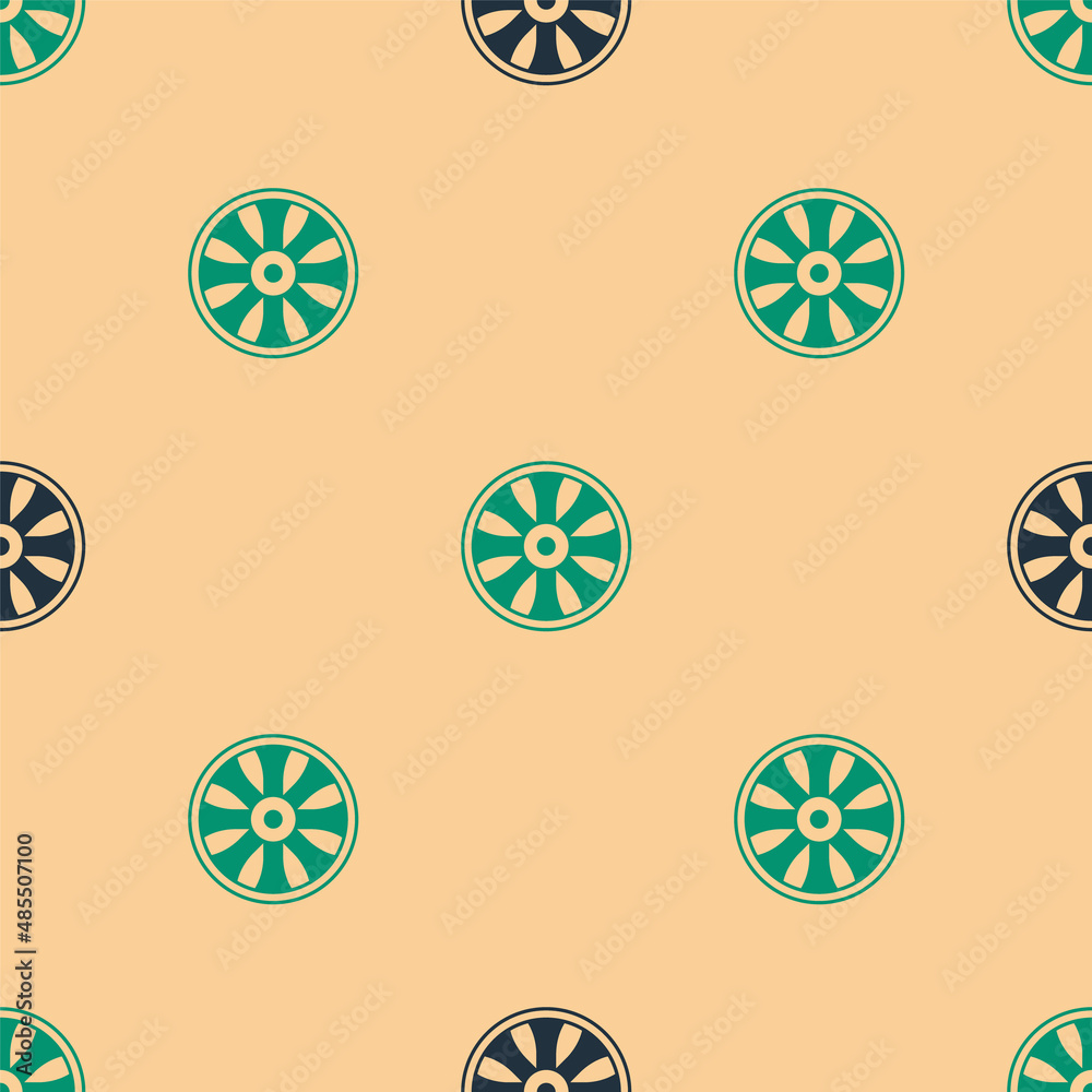 Green and black Alloy wheel for car icon isolated seamless pattern on beige background. Vector