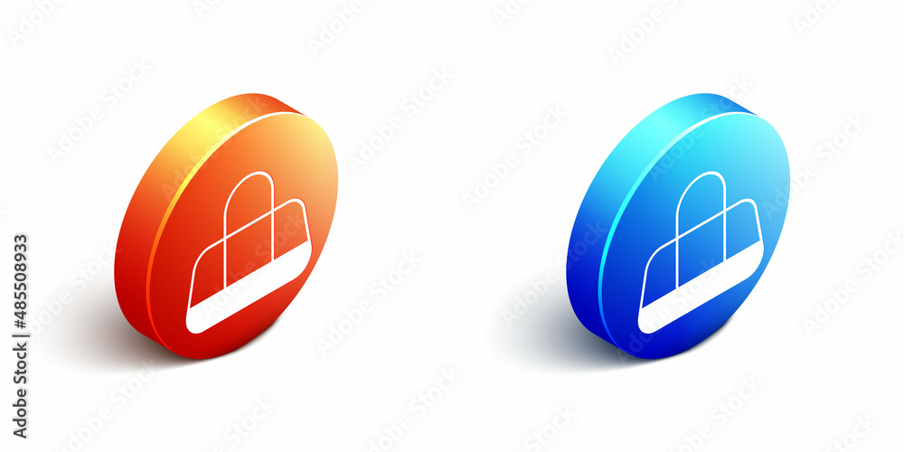 Isometric Sport bag icon isolated on white background. Orange and blue circle button. Vector