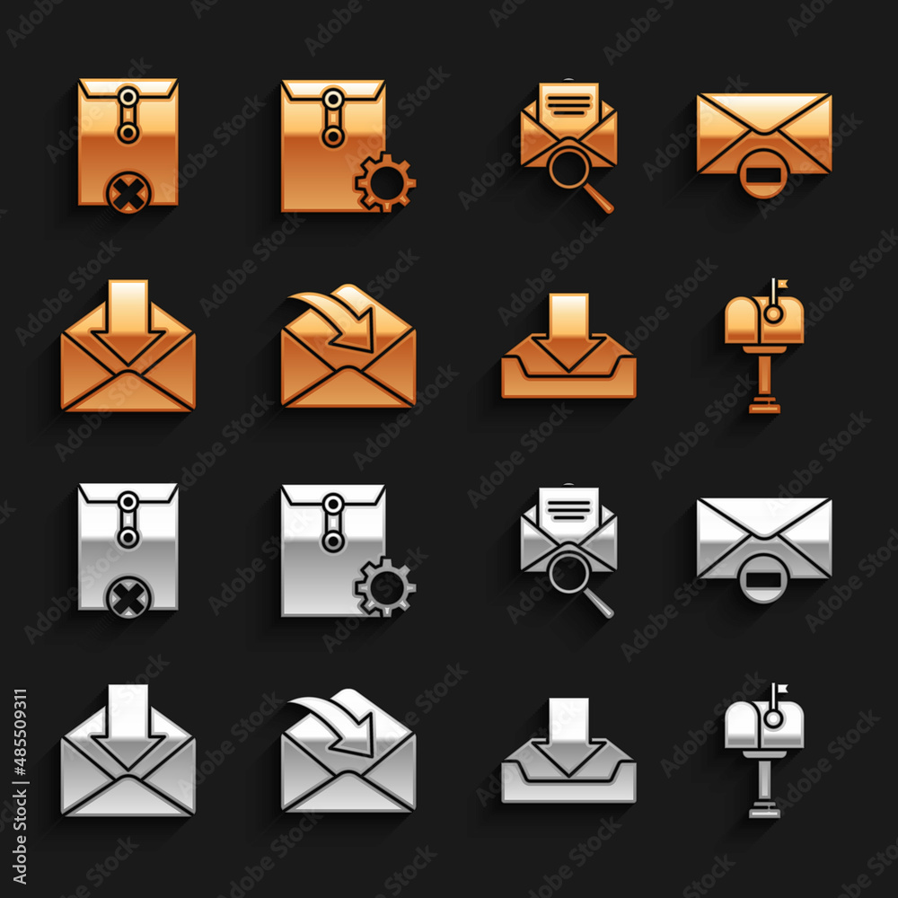 Set Envelope, Delete envelope, Mail box, Download inbox, with magnifying glass, and setting icon. Ve