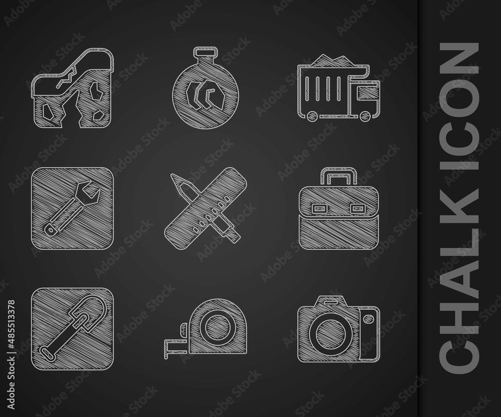 Set Crossed ruler and pencil, Roulette construction, Photo camera, Briefcase, Shovel, Wrench spanner