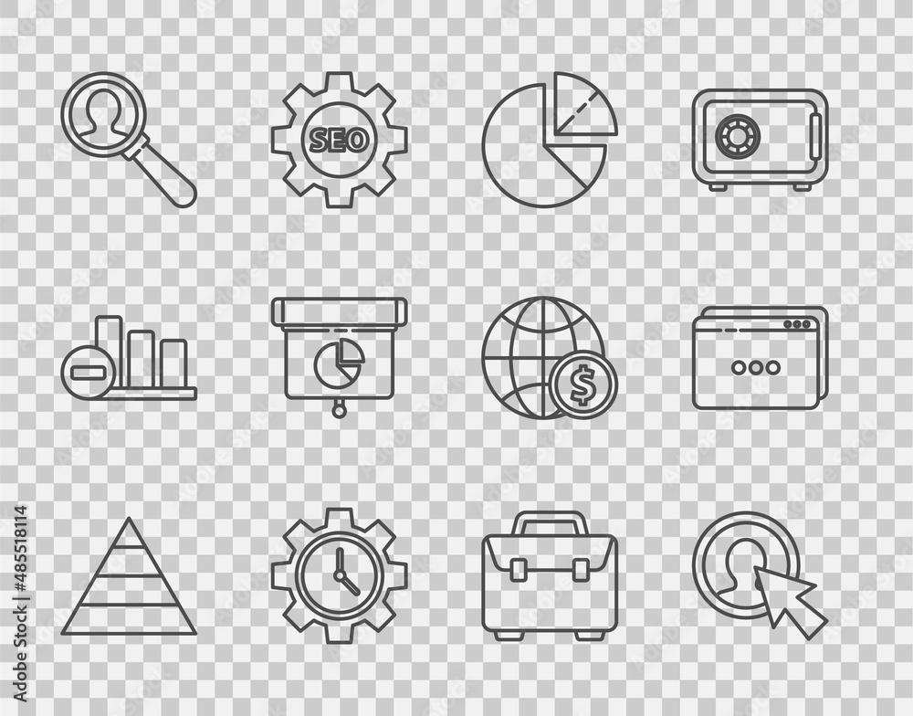 Set line Pyramid chart infographics, User of man business suit, Pie, Time Management, Magnifying gla