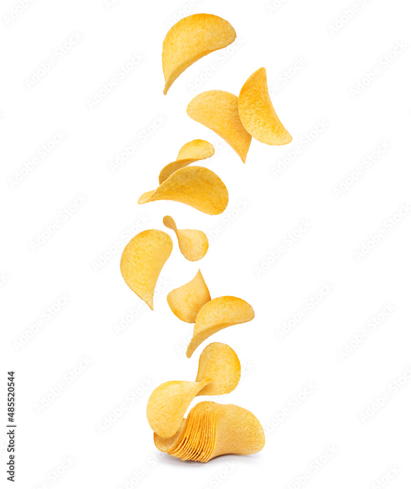 Lots of potato chips in the air isolated on a white background