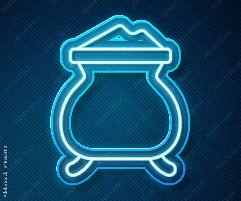 Glowing neon line Molten gold being poured icon isolated on blue background. Molten metal poured fro