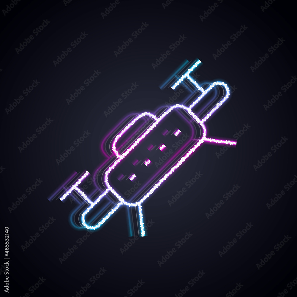 Glowing neon line Drone flying icon isolated on black background. Quadrocopter with video and photo 