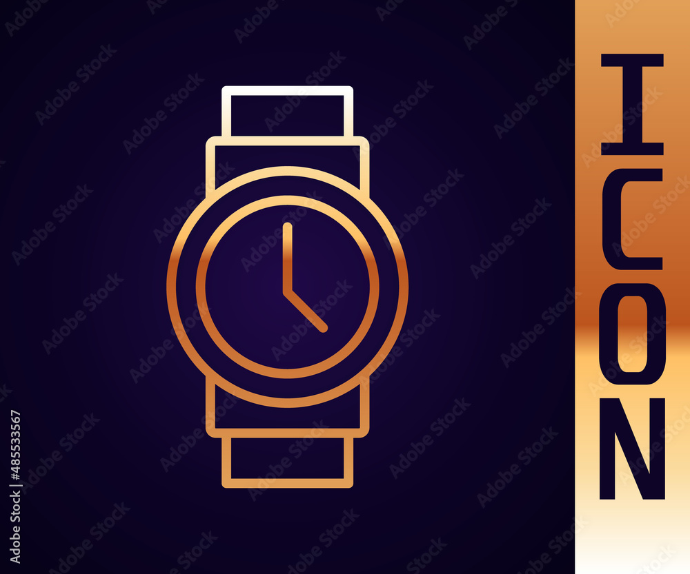 Gold line Wrist watch icon isolated on black background. Wristwatch icon. Vector