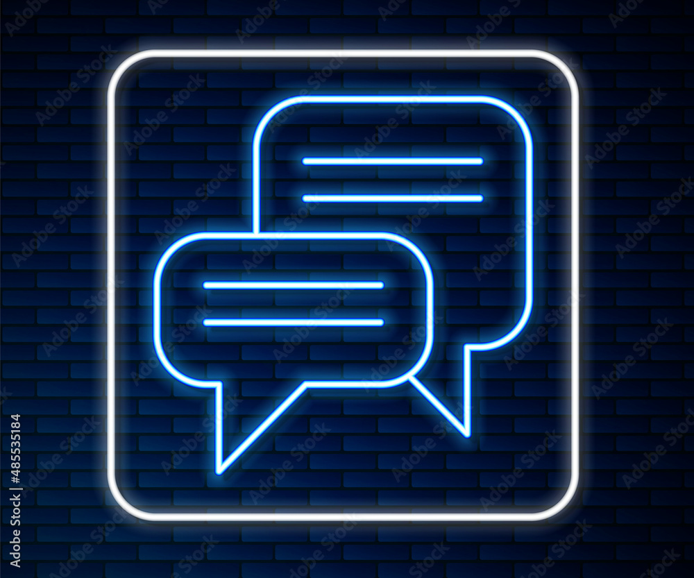 Glowing neon line Speech bubble chat icon isolated on brick wall background. Message icon. Communica