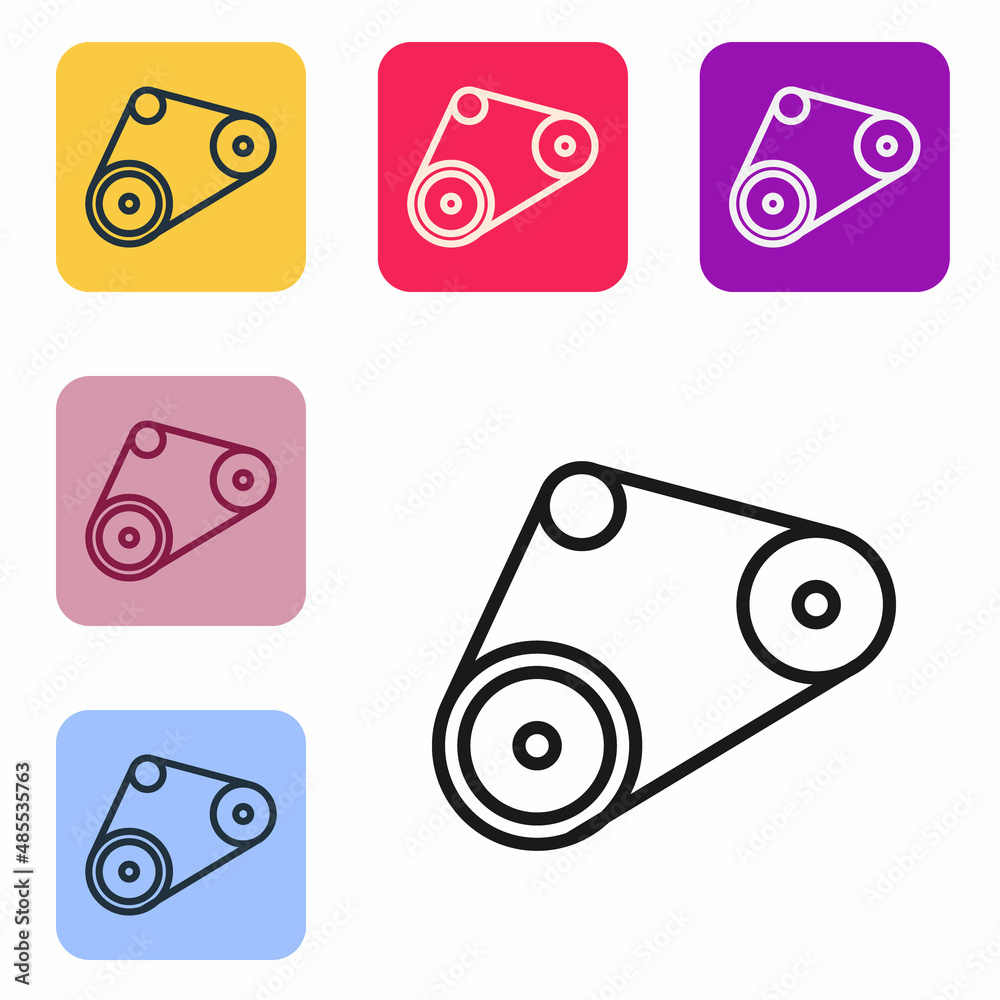 Black line Timing belt kit icon isolated on white background. Set icons in color square buttons. Vec