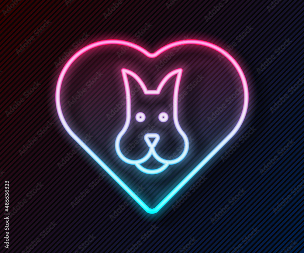 Glowing neon line Heart with dog icon isolated on black background. Pet paw in heart. Love to the an