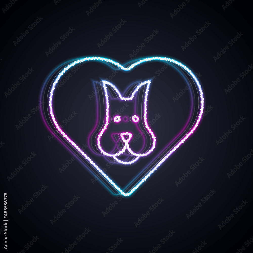 Glowing neon line Heart with dog icon isolated on black background. Pet paw in heart. Love to the an