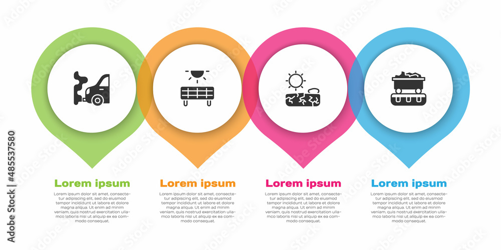 设置汽车排气、太阳能电池板、干旱和煤炭火车车厢。商业信息图模板。Ve