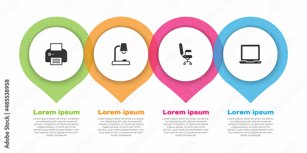 设置打印机、台灯、办公椅和笔记本电脑。商业信息图形模板。矢量
