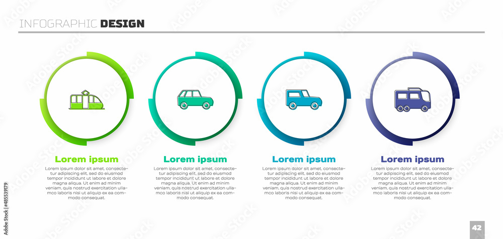 设置有轨电车和铁路、汽车和公共汽车。业务信息图形模板。矢量