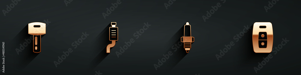 Set Car key with remote, muffler, spark plug and icon with long shadow. Vector