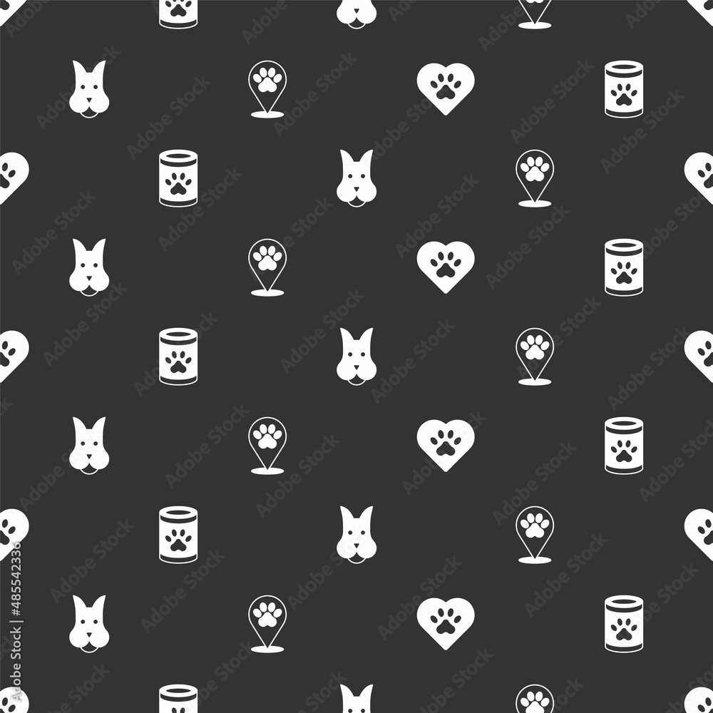 Set Heart with animals footprint, Canned food, Dog and Location veterinary hospital on seamless patt