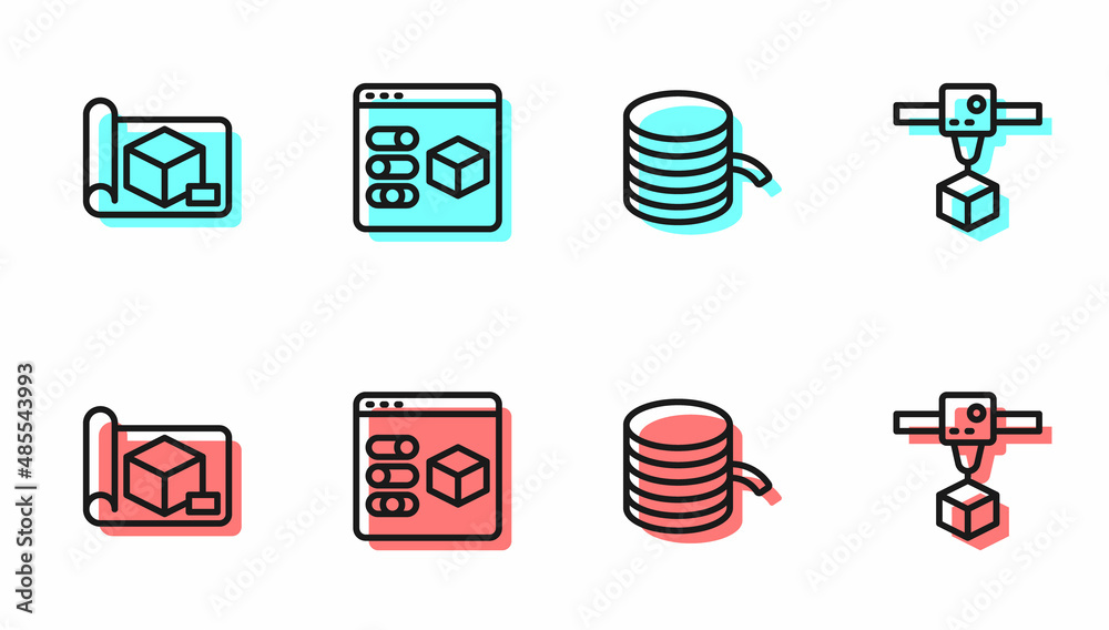 为3D打印机、绘图纸工程和立方体图标设置线灯丝。矢量