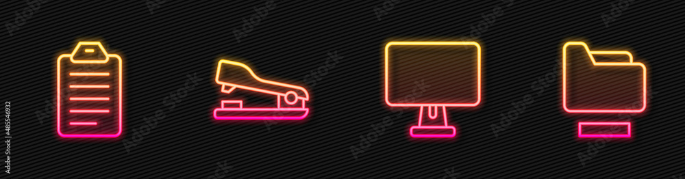 Set line Computer monitor, To do list planning, Stapler and Document folder. Glowing neon icon. Vect