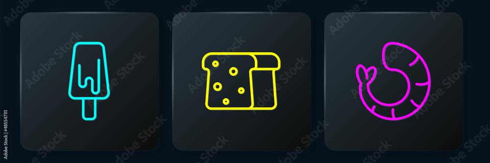 Set line Ice cream, Shrimp and Bread toast. Black square button. Vector