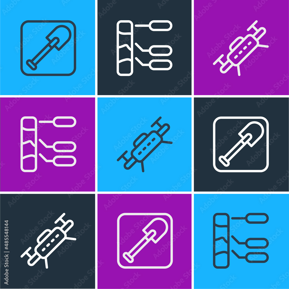 Set line Shovel, Drone and Soil analysis icon. Vector