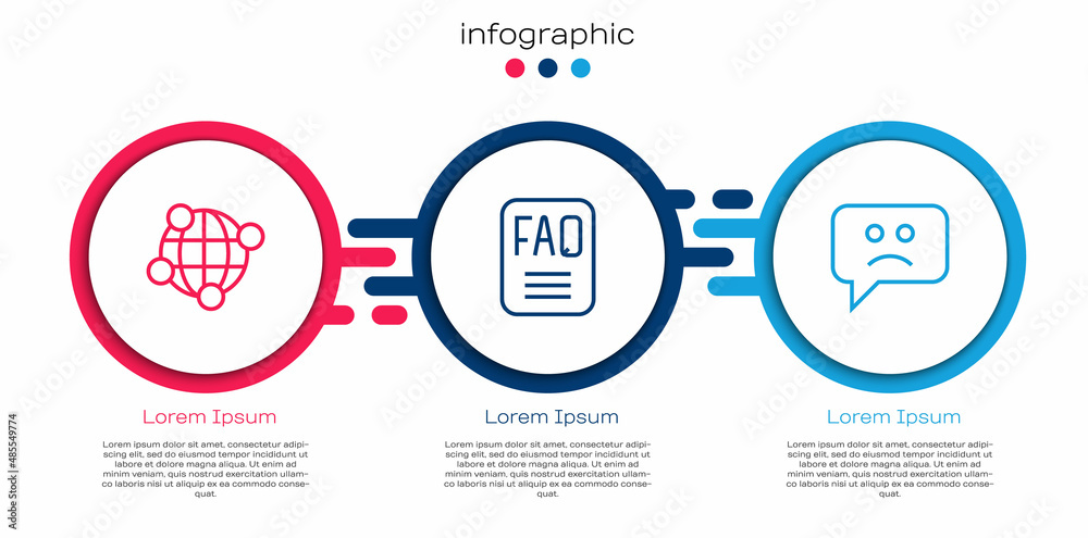 Set line Global technology, FAQ information and Sad smile. Business infographic template. Vector