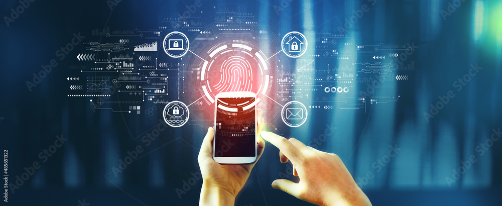 Fingerprint scanning theme with person using a smartphone