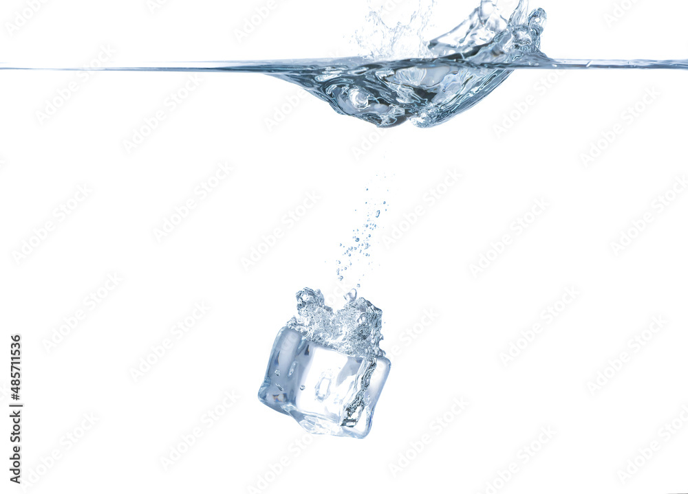 Falling of ice cube into clean water on white background