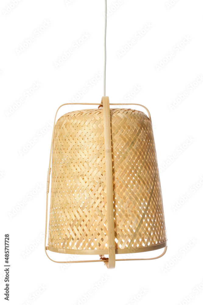 Wicker lamp hanging on white background